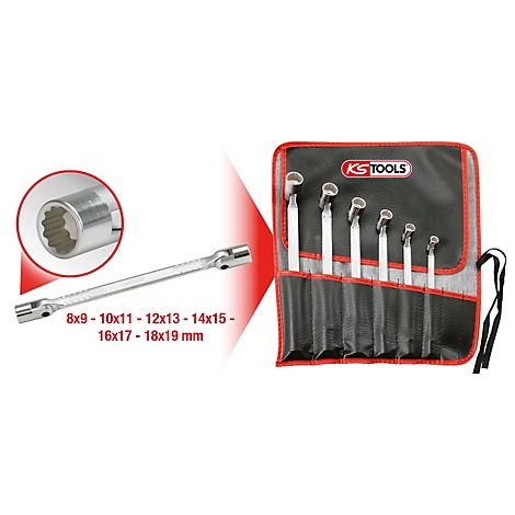 Schraubenschlüsselsatz im Etui mit Größenangabe. Detailaufnahme eines Schlüssels.